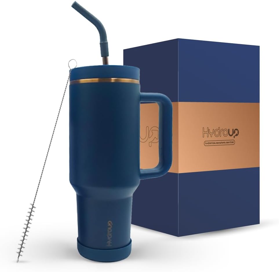 Skiennix 40oz Travel Tumbler Cup - Vacuum Insulated with Handle & Slider Lid | Blue Gold