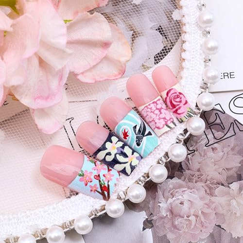 French Tip Long Square Press on Nails with Spring Flower Design