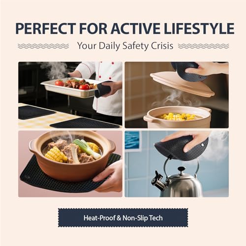 Black Silicone Pot Holders - 4 Pack Heat Resistant Non-Slip Mats