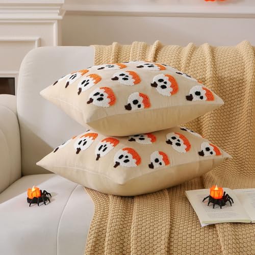 Halloween Ghost Pumpkin Pillow Covers Set of 2 - 18x18 Beige Velvet