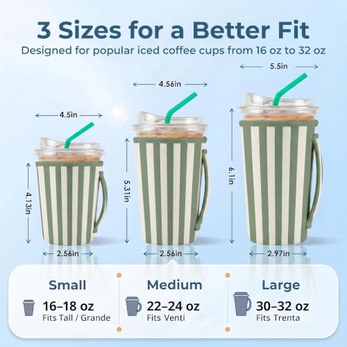 ArtSocket 3-Pack Iced Coffee Sleeves with Handle - Sage Stripes, 16oz-32oz Reusable Insulated Cup Sleeves