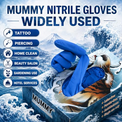 Mummy Blue Textured Nitrile Gloves 4 Mil S-100 Disposable Powder-Free for Tattoo, Beauty, Home, Gardening