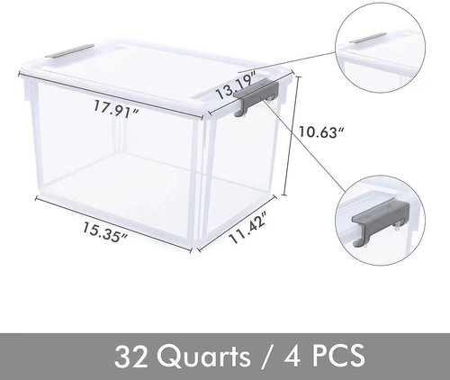 Citylife 32 QT Plastic Storage Bins - Stackable Latching Containers for Organizing Garage, Closet & Kitchen | 4-Pack
