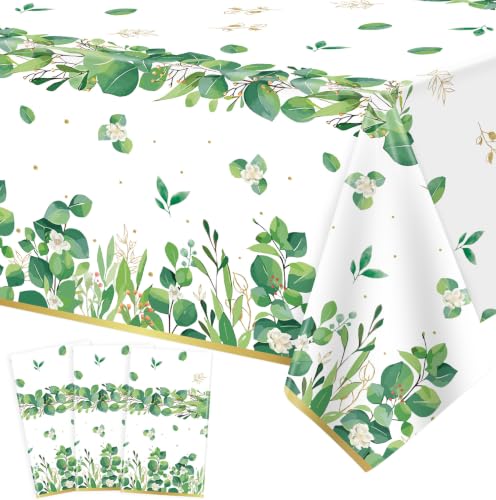 TJYJOY 3-Pack Sage Green Eucalyptus Leaf Plastic Tablecloths 51x86 In
