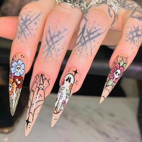Halloween Extra Long Press on Nails Pointed Almond Acrylic False Nails