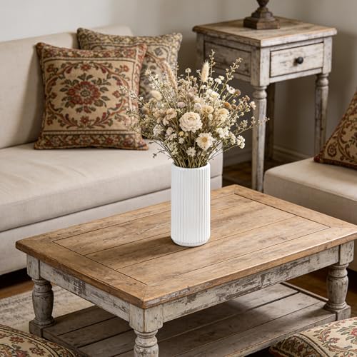 TIMEFOTO White Ceramic Flower Vase 6 Inch - Small Decorative Ribbed Centerpiece for Home & Office