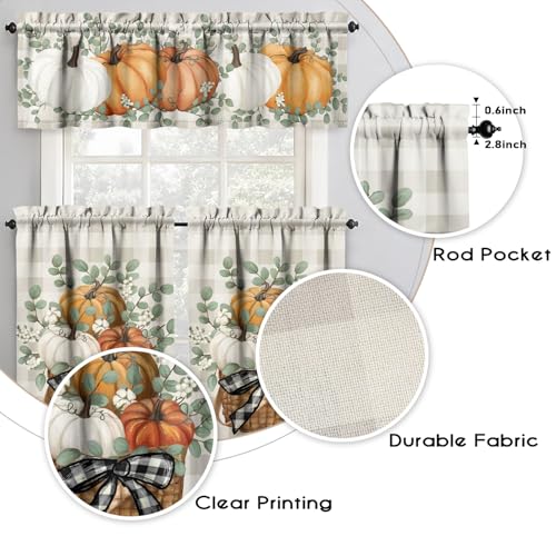 Pumpkin Eucalyptus Farmhouse Kitchen Curtain Set 3-Piece 53"W x 54"L Orange