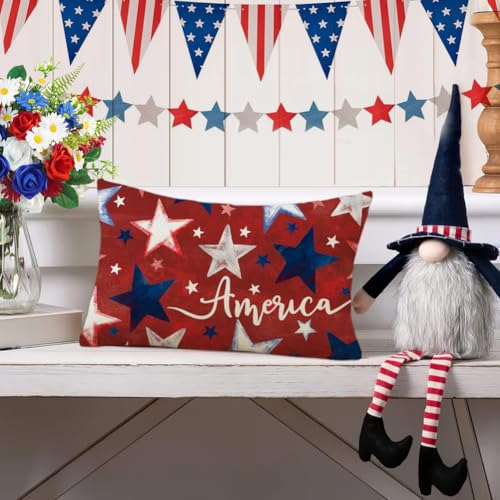 4th of July Patriotic Pillow Cover 12x20 Red Star America Decor