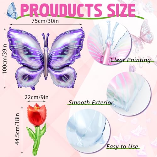 Jenaai 10-Piece Butterfly and Tulip Foil Balloon Set for Party Decor