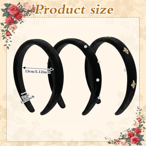 Black Velvet Headbands for Women 3-Piece Set with Pearl and Bee
