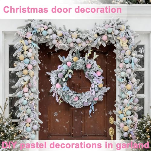 Pastel Christmas Garland Decoration 6.5ft Flocked Pine with Pink Blue Balls - Pastel Ball Variation