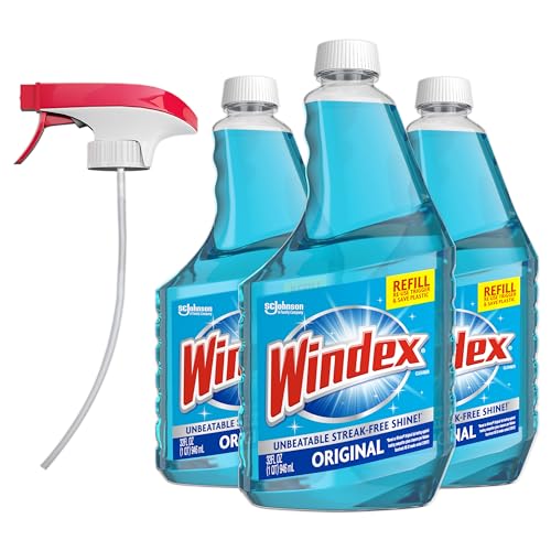 Windex Original Glass and Window Cleaner, 32 Fl Oz Refill Pack of 3 + Trigger