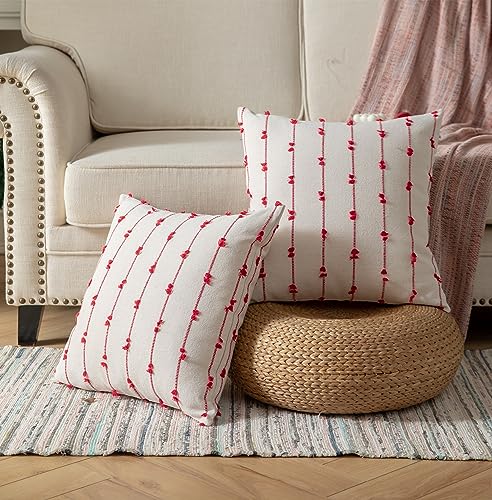 Boho Christmas Throw Pillow Covers 18x18 Inches Set of 2 Beige & Red Farmhouse Decor