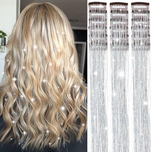 Hair Tinsel Clip In Extensions 20.5 Inch Glitter Fairy Hair 18 Pcs Silver