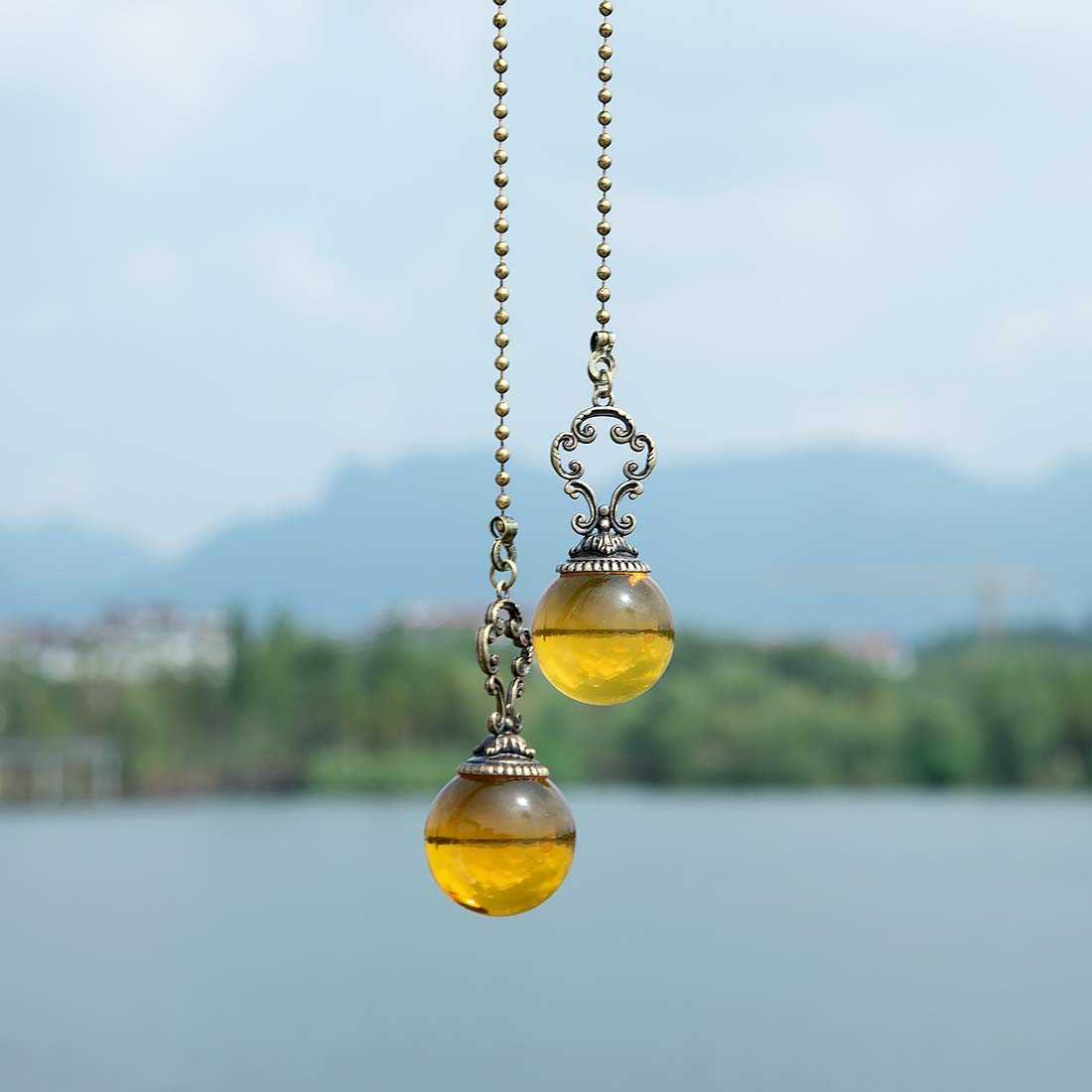 LONGSHENG - SINCE 2001 - Set of 2 Vintage-Style Amber Fan Pull Ceiling Fan Chain Pulls Crystal Ball 12inch Chains for Fan Light