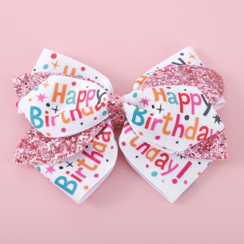 Happy Birthday Hair Bows Clip for Girls 3.54 Inch Glitter Sequin Ribbon 2PCS