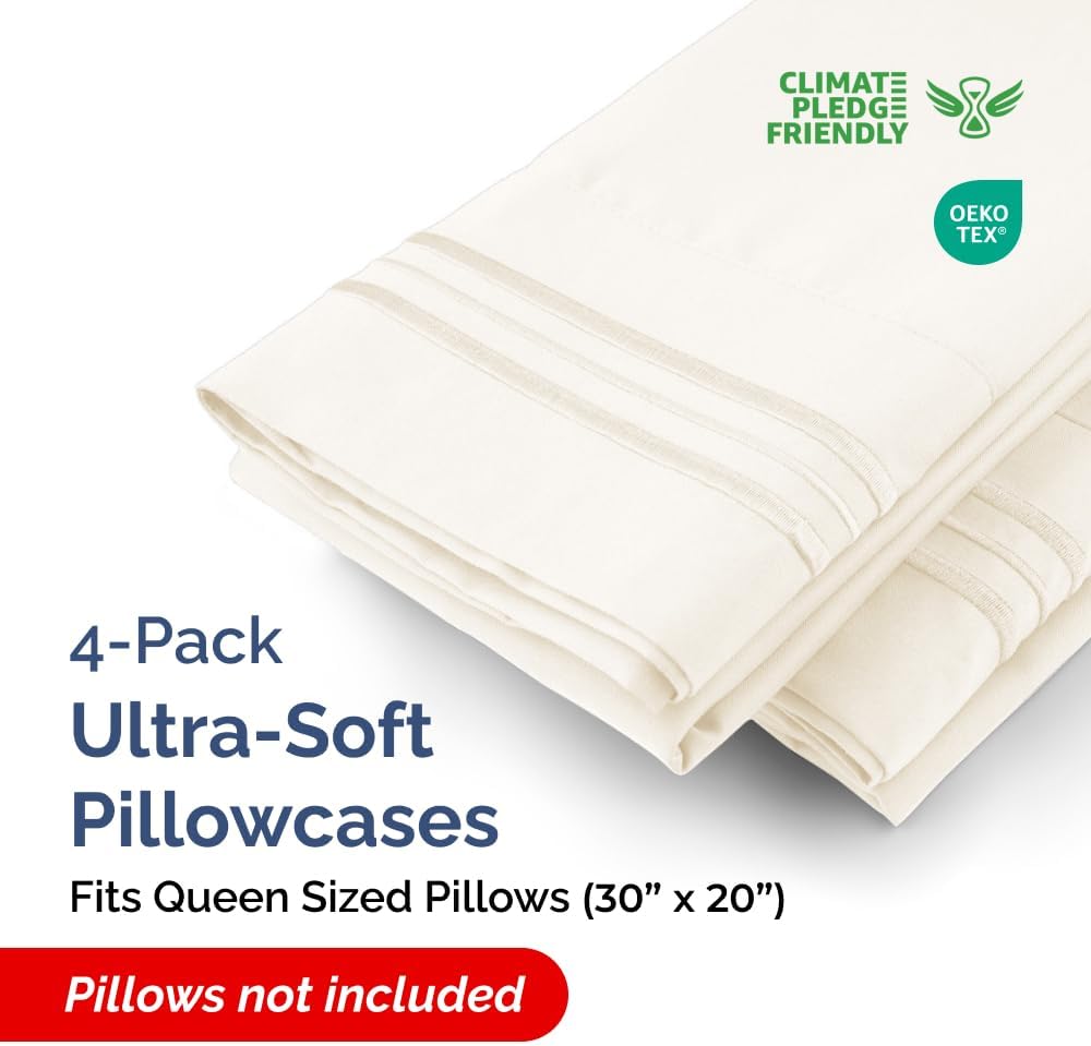 Skiennix Queen Pillow Cases Set of 4 - Ultra Soft Hotel Quality - Wrinkle Free & Stain Resistant - Off White