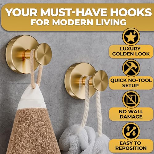Novsix Gold Suction Cup Hooks for Shower, Rustproof Stainless Steel (2 Pack)