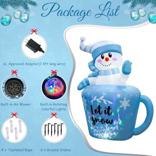 OurWarm 5FT Christmas Inflatable Snowman in Mug - Blue Snowman Yard Decor with Built-in LEDs & Blower
