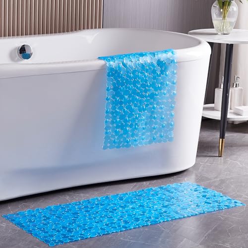 Webos Pebble Clear Blue Bath Shower Mat Non Slip Extra Large 16x40 Inch with Drain Holes