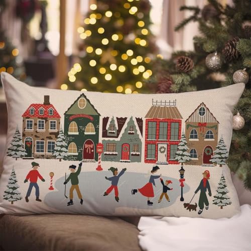 Holiday Throw Pillow Cover 12x20 - Village House Ice Skating