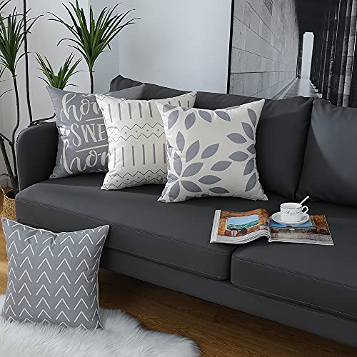 Boho Linen Throw Pillow Covers 16x16 Gray, Set of 4 Farmhouse Cushion Cases