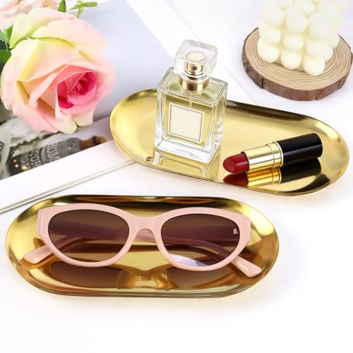 Gold Stainless Steel Decorative Tray Set - 2 Oval Organizers for Jewelry & Cosmetics