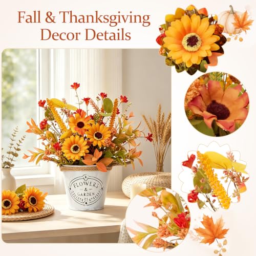 Fall Thanksgiving Table Centerpiece with Flowers - Vintage Metal Pot