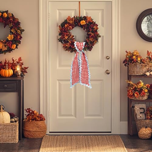 Blue Red Buffalo Plaid Wreath Sash - 54.33" Satin Tie for Front Door