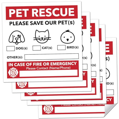 Pet Alert Safety Fire Rescue Stickers - 5 Pack Vinyl Decals