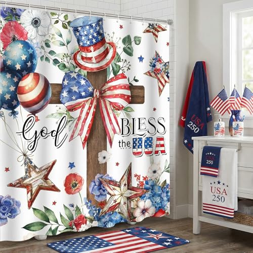 Patriotic 4th of July Shower Curtain - God Bless the USA, 72x72 Inch
