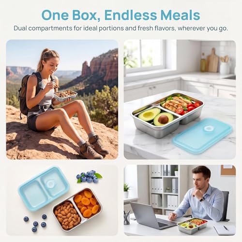 12oz Stainless Steel Snack Containers - Leak-Proof Dual-Compartment, Airtight, Reusable, Dishwasher Safe, Silver