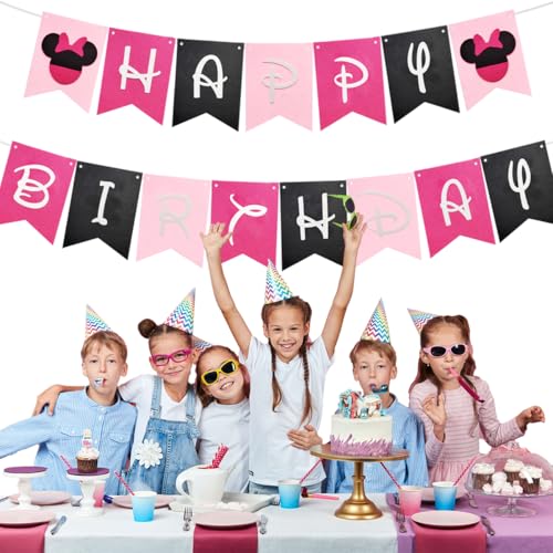 Pink Happy Birthday Banner - Pre-strung Felt Mouse Ear Party Decoration