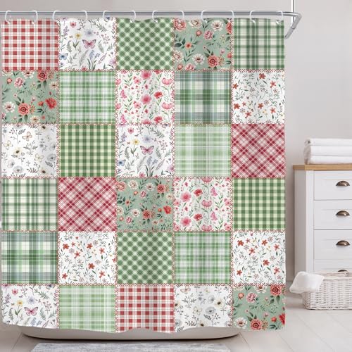 Riyidecor Patchwork Pink and Green Shower Curtain 72"x72" - Floral Design