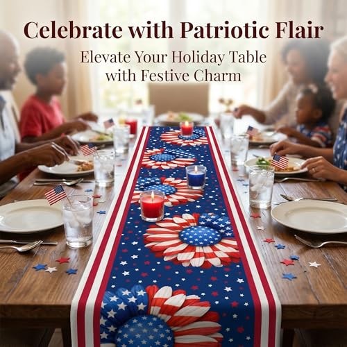 Patriotic 4th of July Table Runner USA Stars Floral Decor
