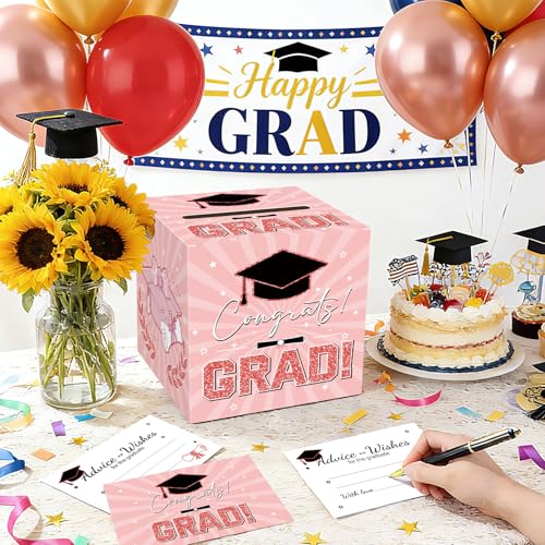 2026 Graduation Card Box with 50 Advice Cards - Pink & Rose Gold