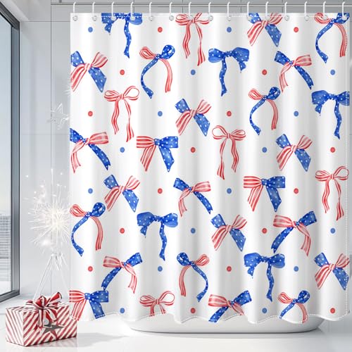Patriotic Bow Shower Curtain - 4th of July Waterproof Fabric, 72x72