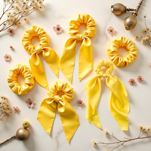Yellow Satin Ribbon Bow Hair Scrunchie Ponytail Scarf Tie