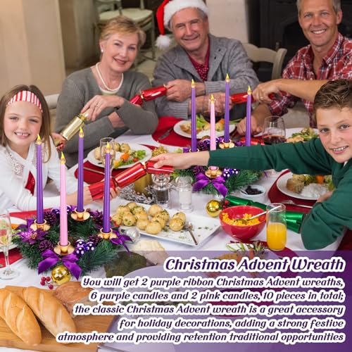 Christmas Advent Wreath Candle Holder Set with 8 LED Candles | Purple & Pink