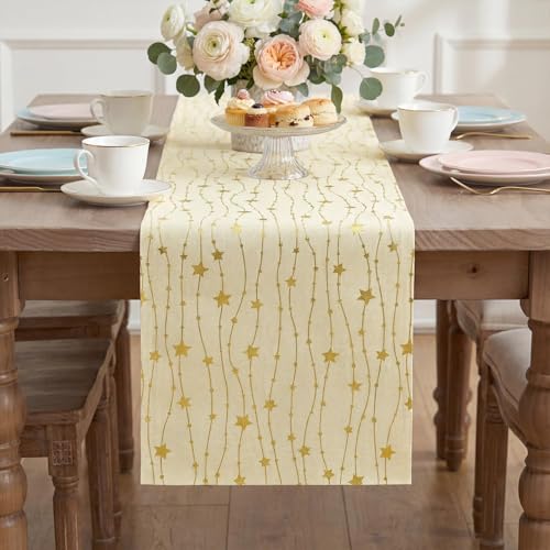 Beige Burlap Table Runner 12x108 Inch with Gold Stars & Glitter Finish
