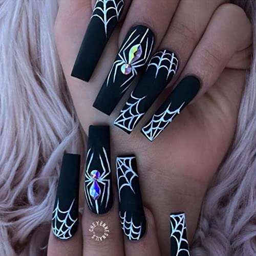 Black Halloween Press on Nails Long Coffin Fake Nails with Spider Web Design 24Pcs