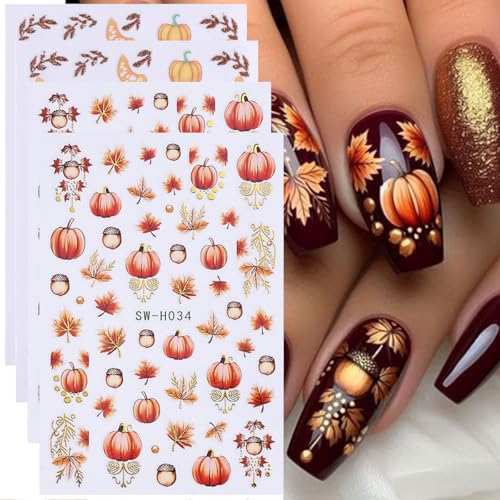 Fall Nail Stickers 4 Sheets 3D Self-Adhesive Maple Leaf Pumpkin Decals