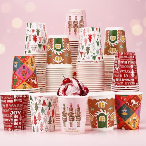 Christmas Disposable Paper Cups 9 oz - Classic Pattern, 150 Pack