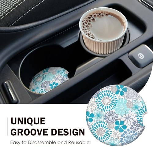 Absorbent Blue Floral Car Coasters Set of 2 - Non-Slip Cork Base