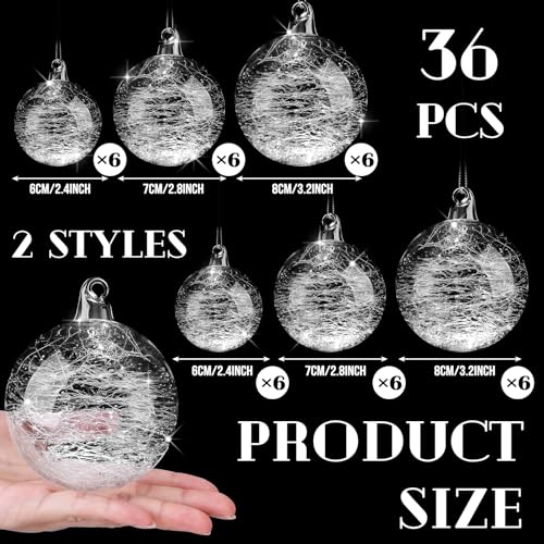 Uiifan 36 Pcs Clear Glass Christmas Ornaments Balls - Assorted Sizes & Iridescent Finish - Variation of 36 / 2.36 in, 2.76 in, 3.15 in