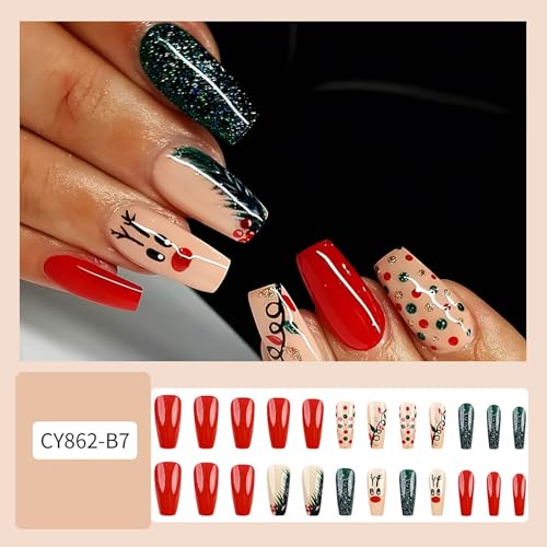 Christmas Press on Nails Medium Square Fake Nails Red Glitter Xmas Acrylic