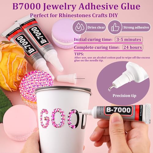 Hot Pink AB Resin Rhinestones Kit with B7000 Glue and Tools for Crafts DIY