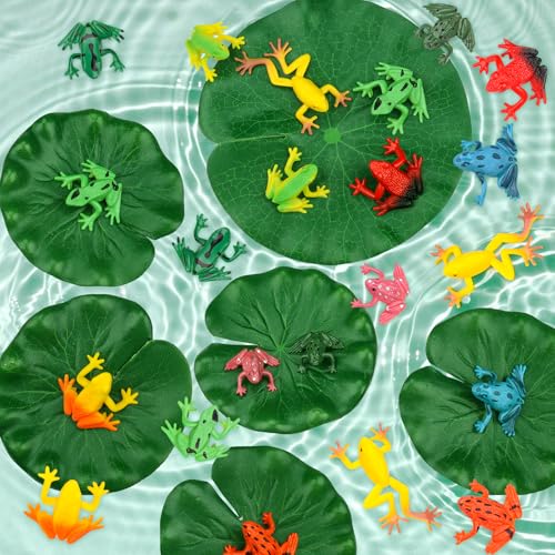 24 Mini Plastic Frog Toys & Lily Pads - Realistic Pool Decor