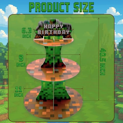Pixe l Style 3-Tier Cupcake Stand for Gamer & Adventure Party, Kids Birthday Decoration - XCX PIXEL