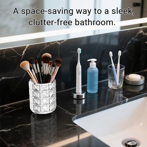 Elegant Makeup Brush Holder with Silver Crystal Bling - Stylish Vanity Organizer